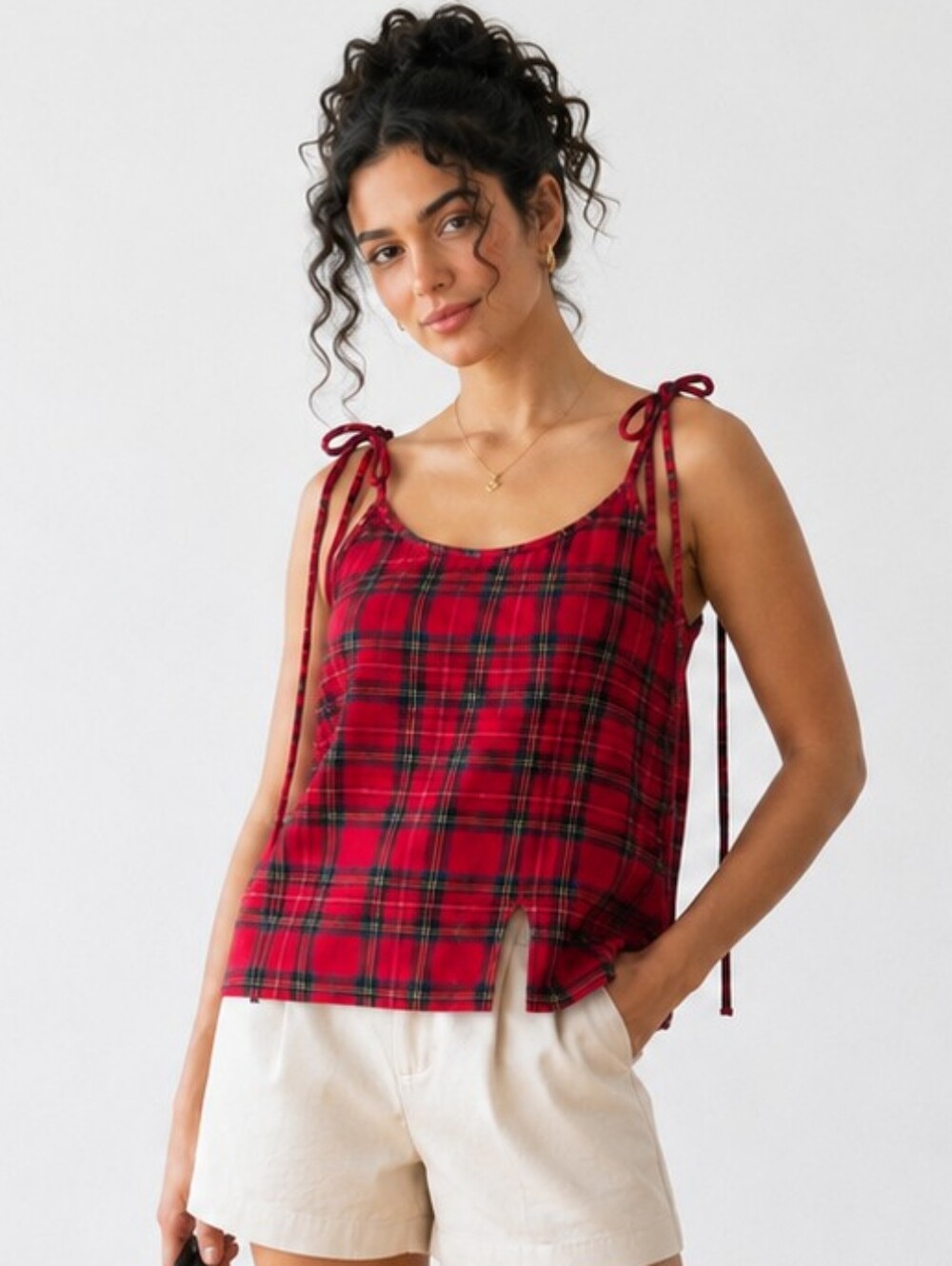Red Tartan Plaid Tie Strap Cami Top Coquette Grunge Y2K Size L